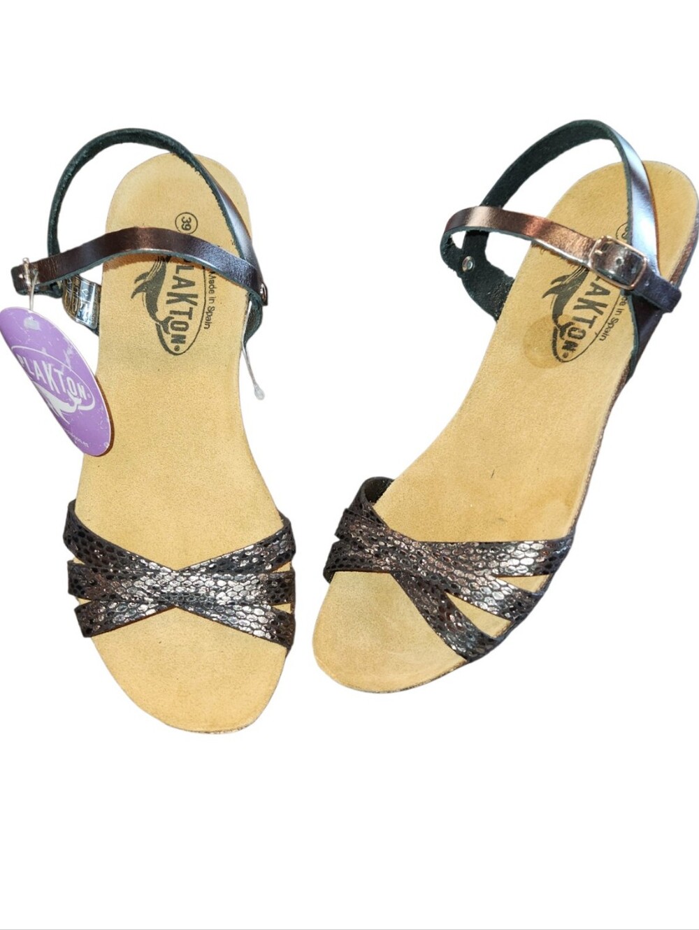 NWT Plakton Metallic Bronze/Antique Pewter Strappy Cork Sandals Spain Size 39